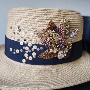Elegant Tan Straw Hat with Beaded Embellishment